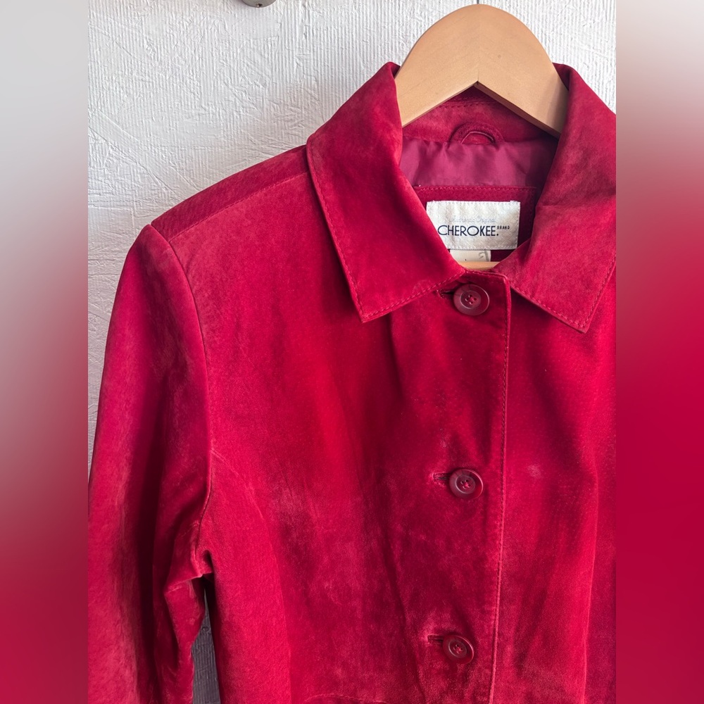 Vintage Cherokee 100% Suede Leather Red Collared Long Sleeve Button Jacket Coat - Picture 7 of 14